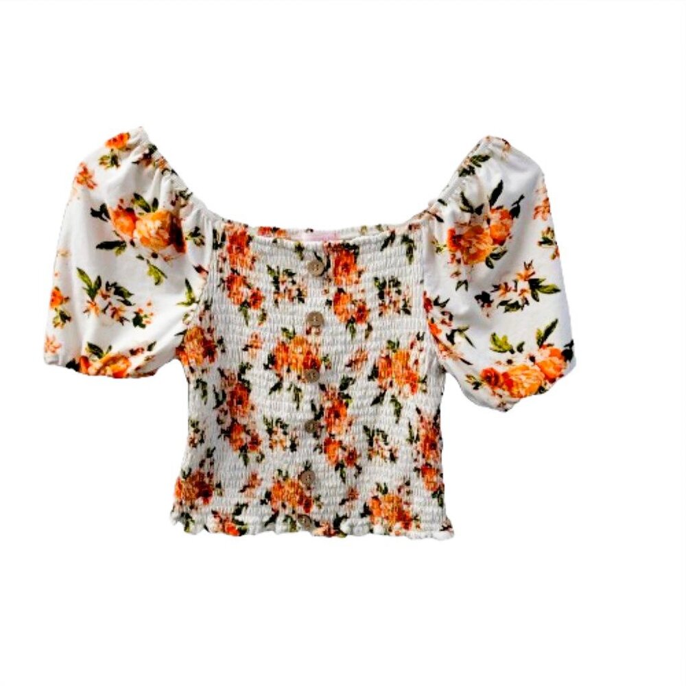 Stella Tweed Girl Crop Top Off the Shoulder Floral Print Cream Orange Large 14 - Picture 2 of 12